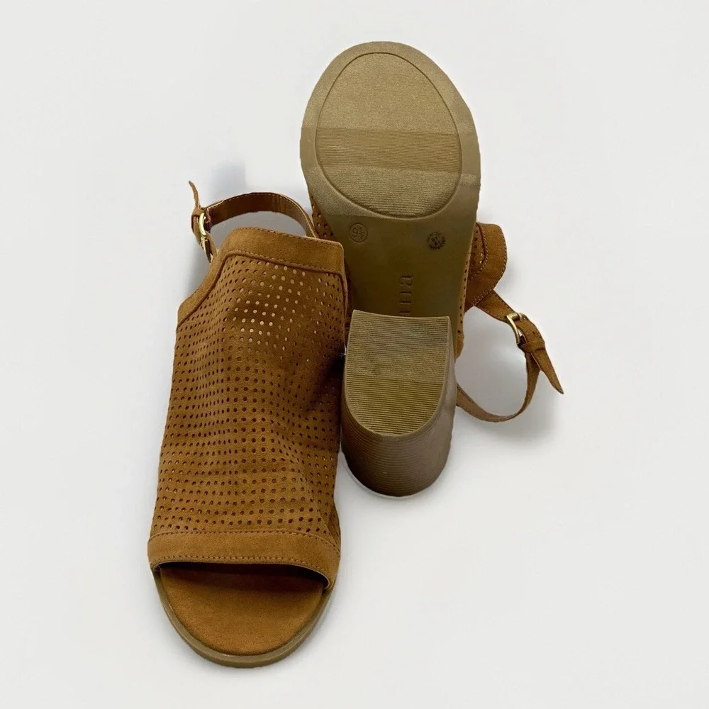 ANA Madelyn Wide Block Heel Sandals Cognac Vegan‎ Suede Womans 9.5 Peep Toe